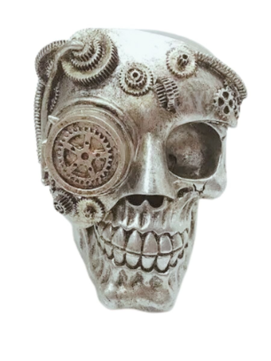 Caveira Steampunk Cyborg Com Engrenagem Objeto Decorativo Em Resina