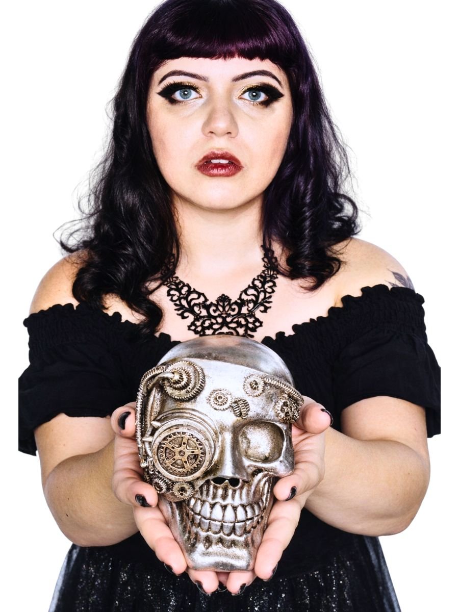 Caveira Steampunk Cyborg Com Engrenagem Objeto Decorativo Em Resina