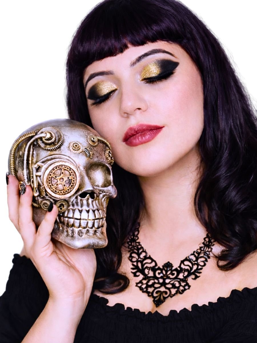 Caveira Steampunk Cyborg Com Engrenagem Objeto Decorativo Em Resina